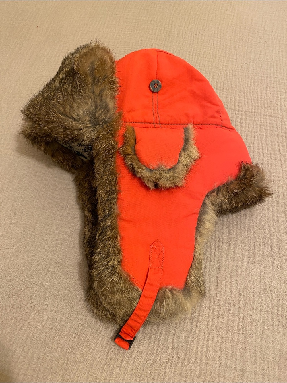 MAD BOMBER Orange Real Rabbit Fur Trapper Hat. Size L